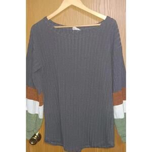 Bibi Sweater Long Cuffed Sleeves Womens Size XL Boat Neck Grey Ribbed Winter...